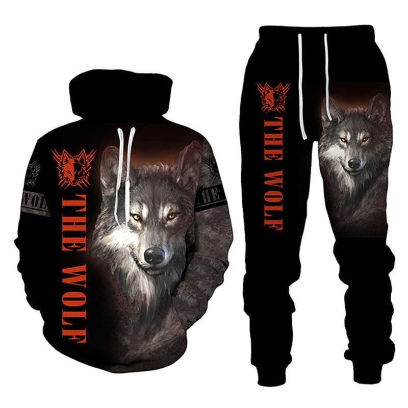 Mens Hooded Sweatshirt Set With 3D Animal Print Loose Fit Sporty Casual Tracksuit