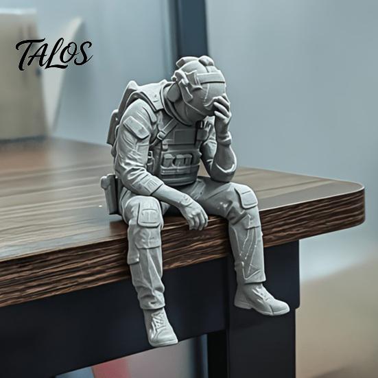 Talos 3D Printed Soldier Figurine Ornament, Sitting Tactical Statue, Funny Tired Sculpture for Table Shelf Edge Decor