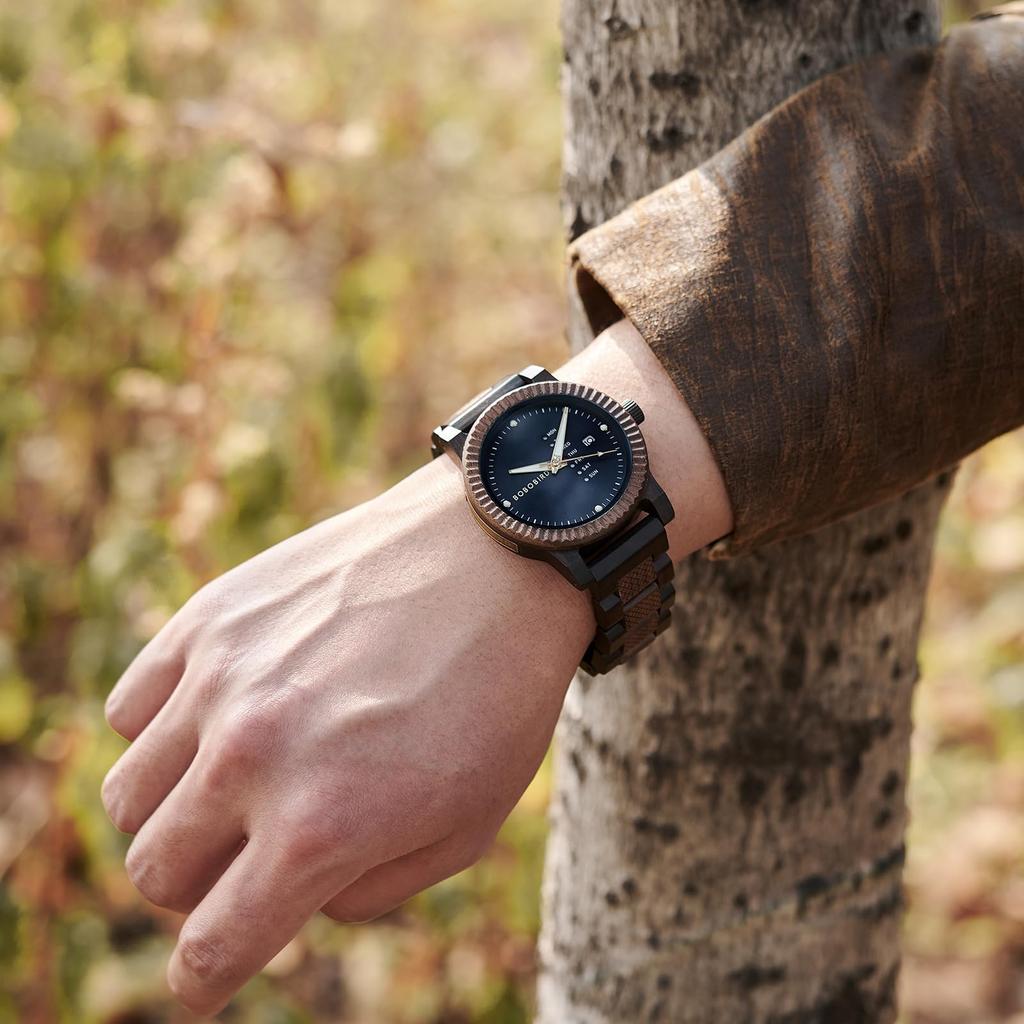 BOBO BIRD Мужские деревянные часы с аналоговым кварцевым механизмом, индикацией дня недели и даты, легкие деревянные часы ручной работы (Темно-синий)