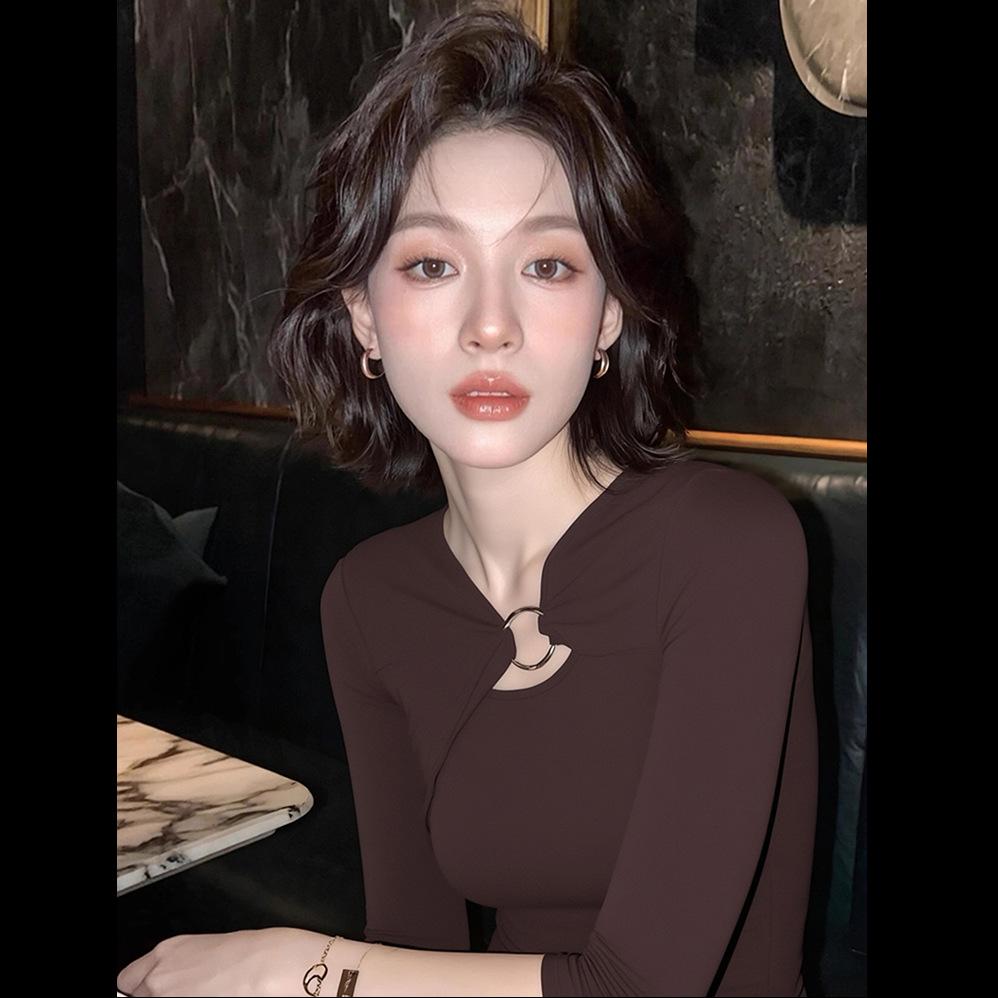 Autumn Coffee Color Slim Fit Long-Sleeve Women's French Retro Top