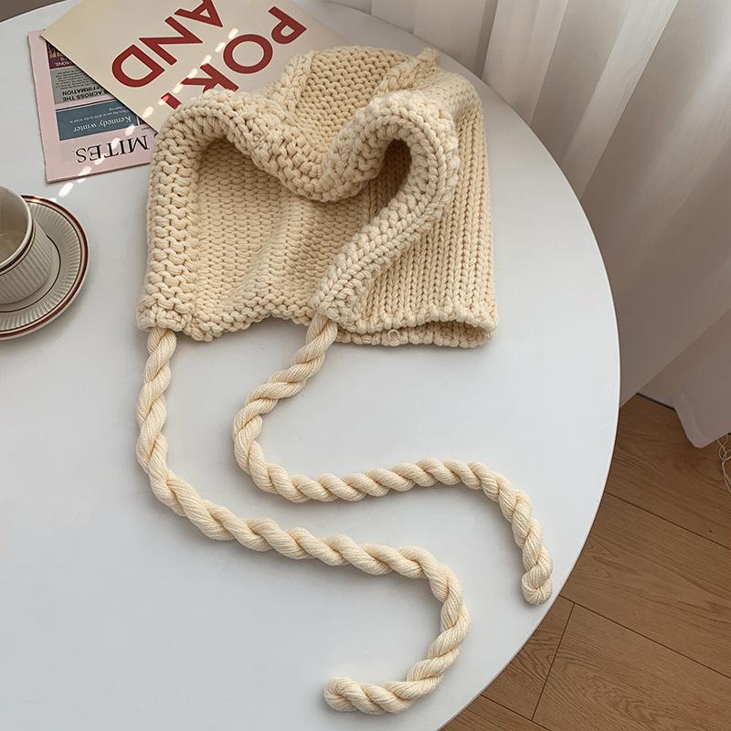 Sweet and Cute Little Red Riding Hood Female Autumn and Winter Knitted Wool Lace-up Ear Protection Hat Warm Versatile Hat Tide