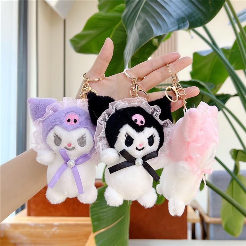 Cute Lolita Style Puppy Plush Keychain Bag Charm Soft Stuffed Animal Doll Pendant Backpack Decor Accessory