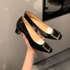 Classic Square Buckle Small Square Head Shallow Mouth High Heels Women's Summer Thick Heel Flat Sole Shoes