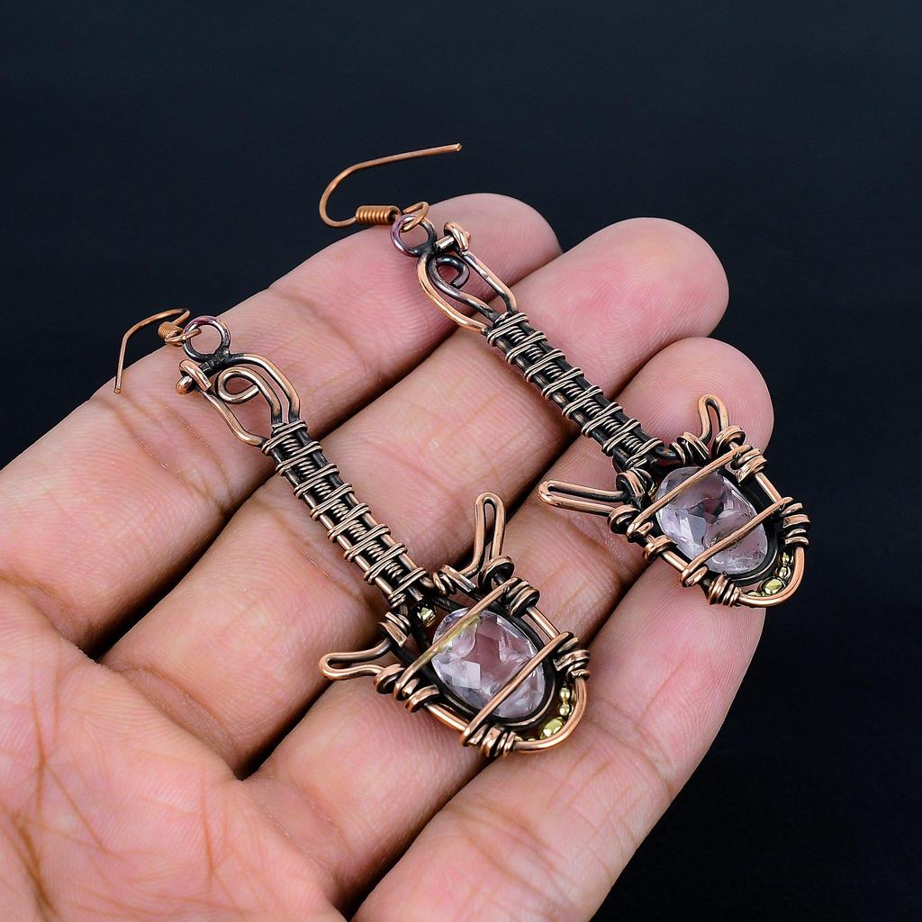 Серьги с розовым кунцитом, ювелирные изделия с драгоценными камнями, серьги, обернутые медной проволокой 999 пробы, ювелирные изделия ручной работы, серьги с камнем-талисманом, подарок для него