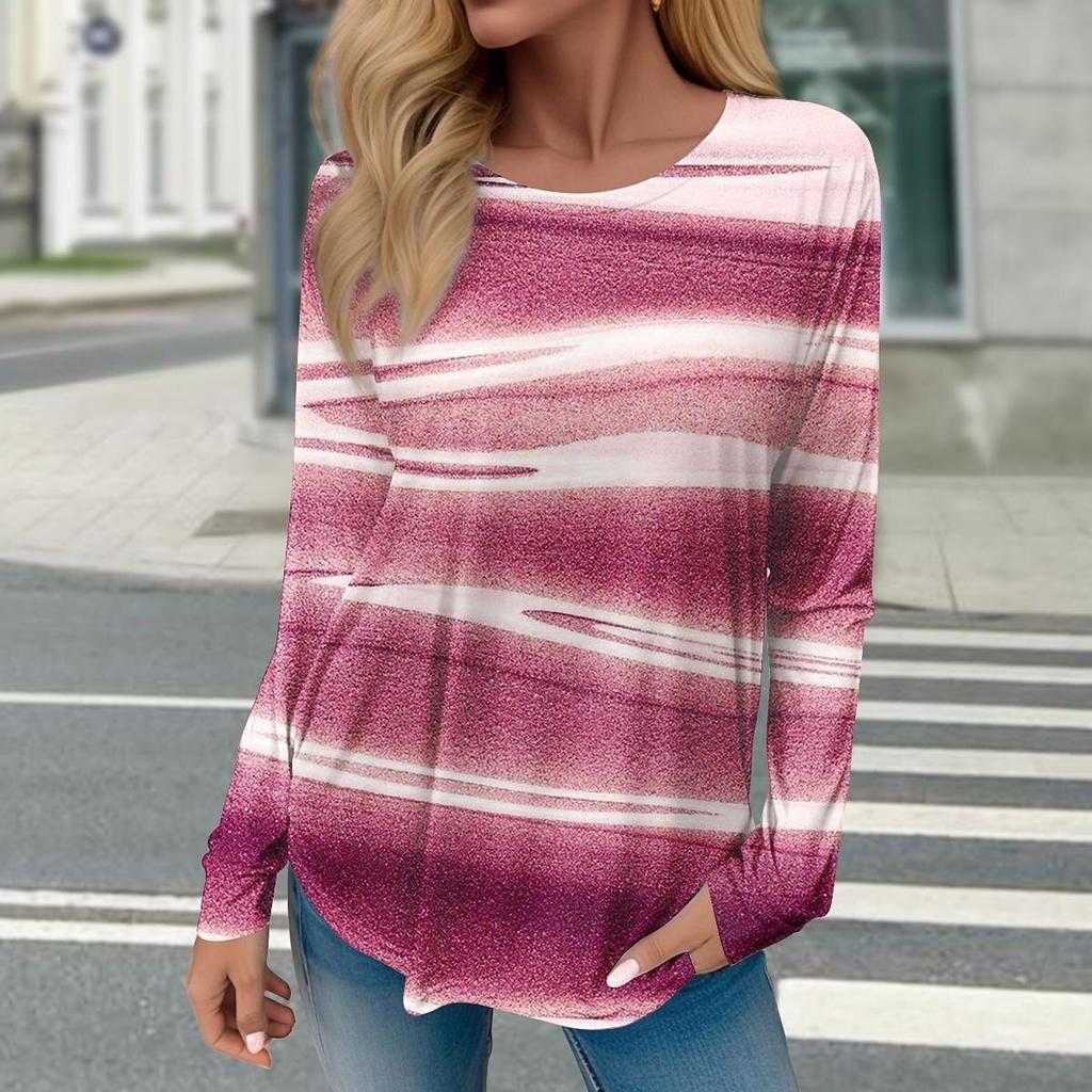 Women Geometric Print Winter Cotton T Shirt Contrast Vintage Long Sleeve Printed Loose Shirts Top Spring Autumn Elegant Lady Tee