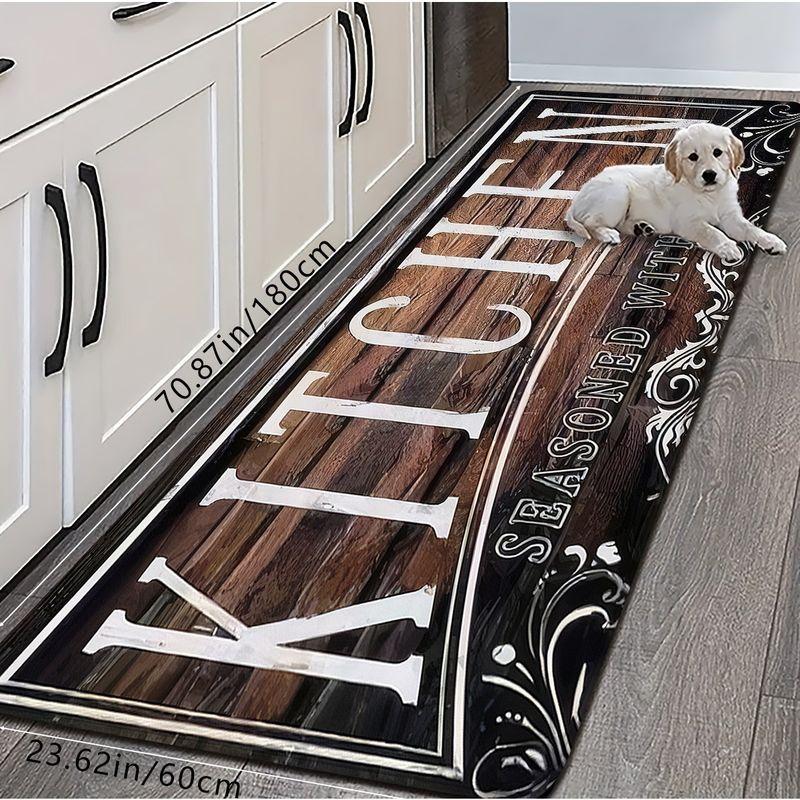 Rustic Wood Grain Kitchen Mat Love in the Kitchen Vintage Floral Border Non Slip Rug Washable Laundry Room Home Decor