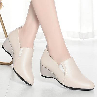 Весенне-осенние туфли на танкетке, женские туфли из мягкой кожи, удобная мягкая подошва, бежевые кожаные туфли