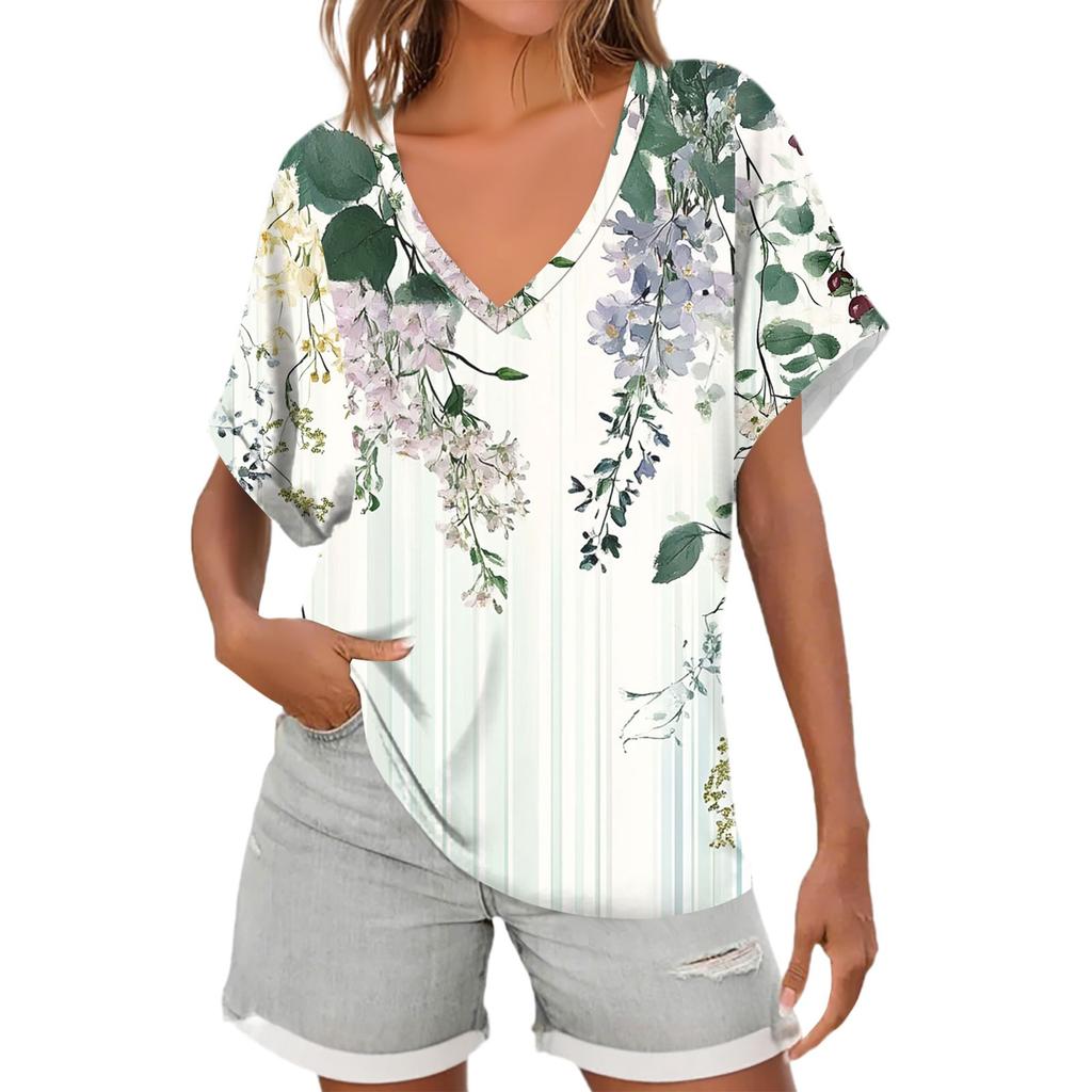 Womens Short Sleeve V-Neck Shirts Floral Print Loose Casual Basic Tees Summer Tops