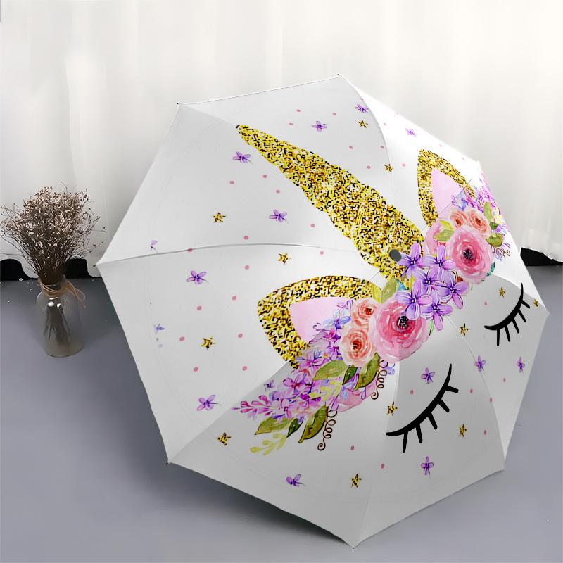 Unicorn,Floral Automatic Folding Umbrella Simple 8 Rib Design, Bright Cartoon Pattern, Durable Iron Frame, Suitable For Travel, Outdoor, Be