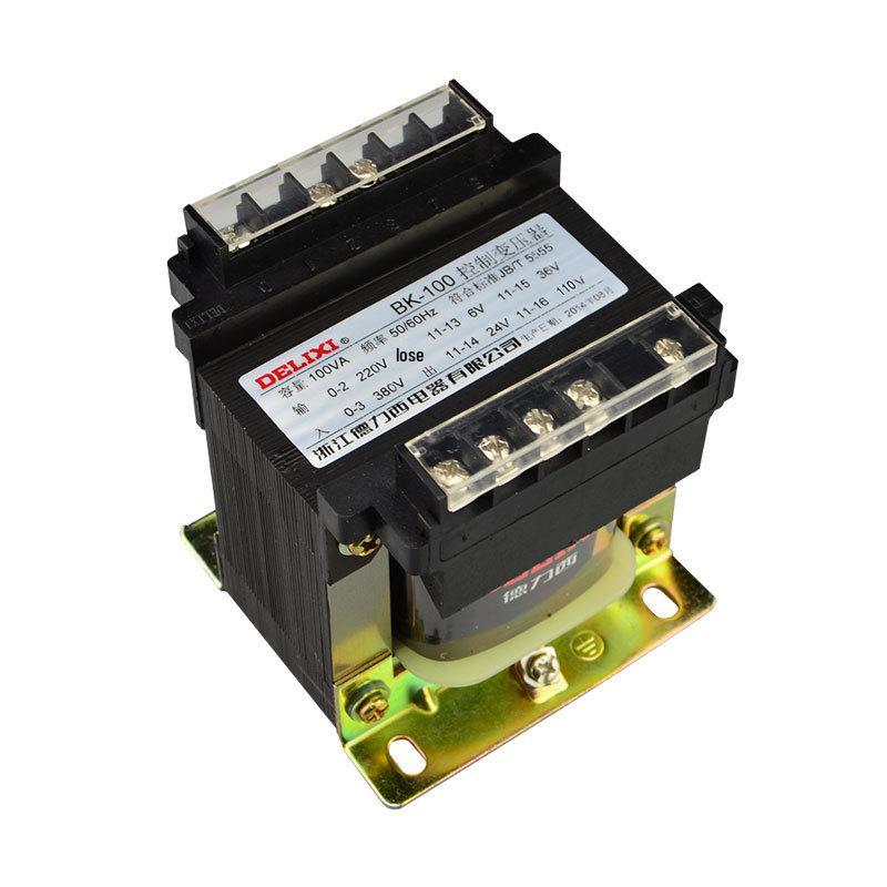 Трансформатор DELIXI BK-100VA: Вход 380 В, выход 220 В/36 В на 24 В/12 В/6 В для оборудования.