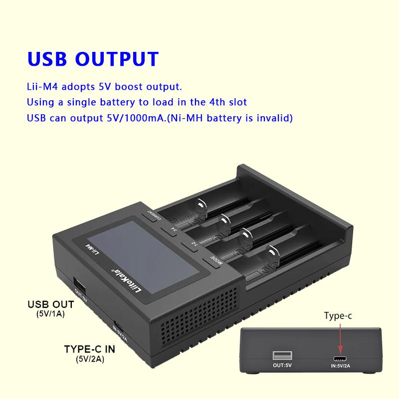 LiitoKala Lii-M4 18650 Зарядное устройство ЖК-дисплей Универсальное умное зарядное устройство Тест емкости 26650 18650 21700 AA AAA Батарея 4 слота 5В 2А