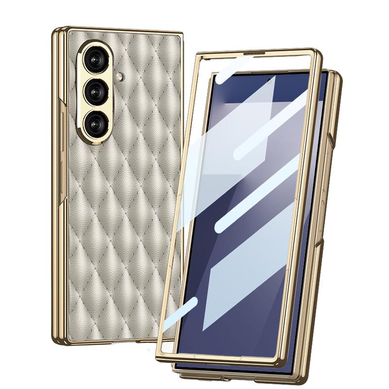 Чехол для мобильного телефона Samsung Zfold7 Гальванизированный Однотонный Кожаный Чехол-пленка Интегрированная Защитная Крышка из Овчины с Алмазным Узором