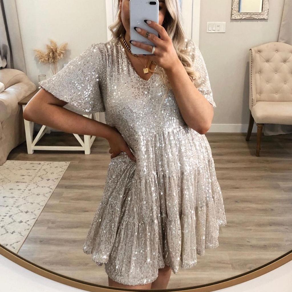 Женское платье с пайетками Короткое струящееся платье с пайетками Сверкающие клубные платья для вечеринок Блестящие лоскутные мини-платья со свободными размерами для женщин