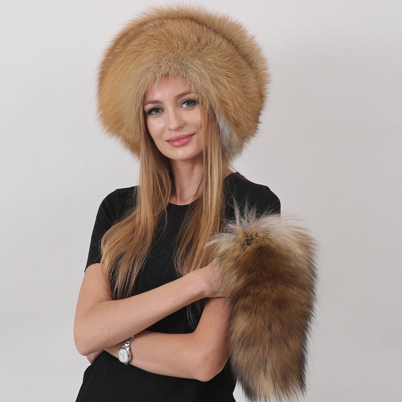 Новые модные шапки из натурального лисьего меха для женщин, теплая зимняя шапка с хвостом