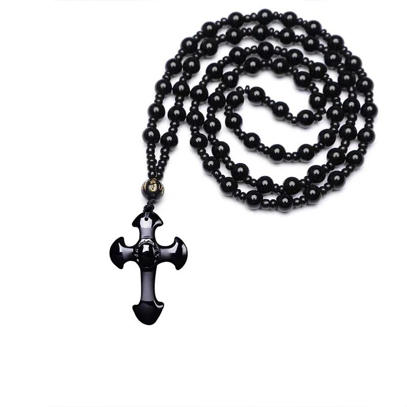 Vintage Christian Cross Obsidian Pendant Beaded Necklace Men Women Good Luck Amulet Jewelry Gift
