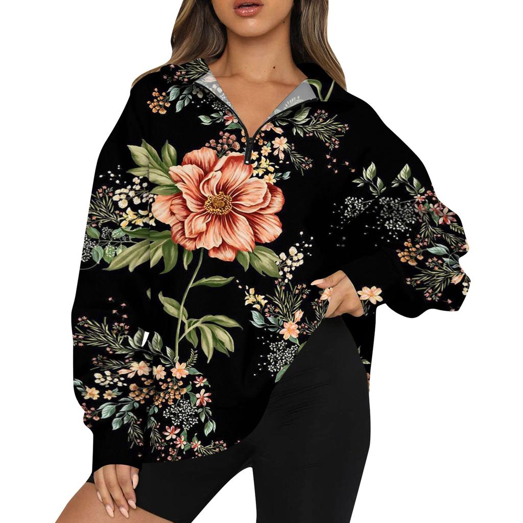 Women's Casual Fashion Long Sleeve Print Oversize Zip Sweatshirt Top