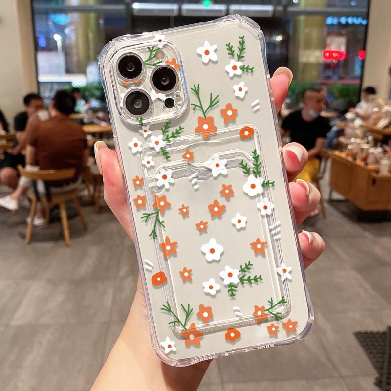 Чехол для телефона с держателем для карт для iPhone 13 Funda iPhone 11 16 Pro Max 16E 14 15 12 XR X Xs 7 8 Plus, противоударный, мягкий, с цветочным узором из ТПУ