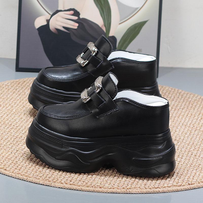 Fashion 12CM Leather Platform Wedge Slippers Round Toe Breathable Slip On Pumps Synthetic Mary Jane Flats Fashion Shoes