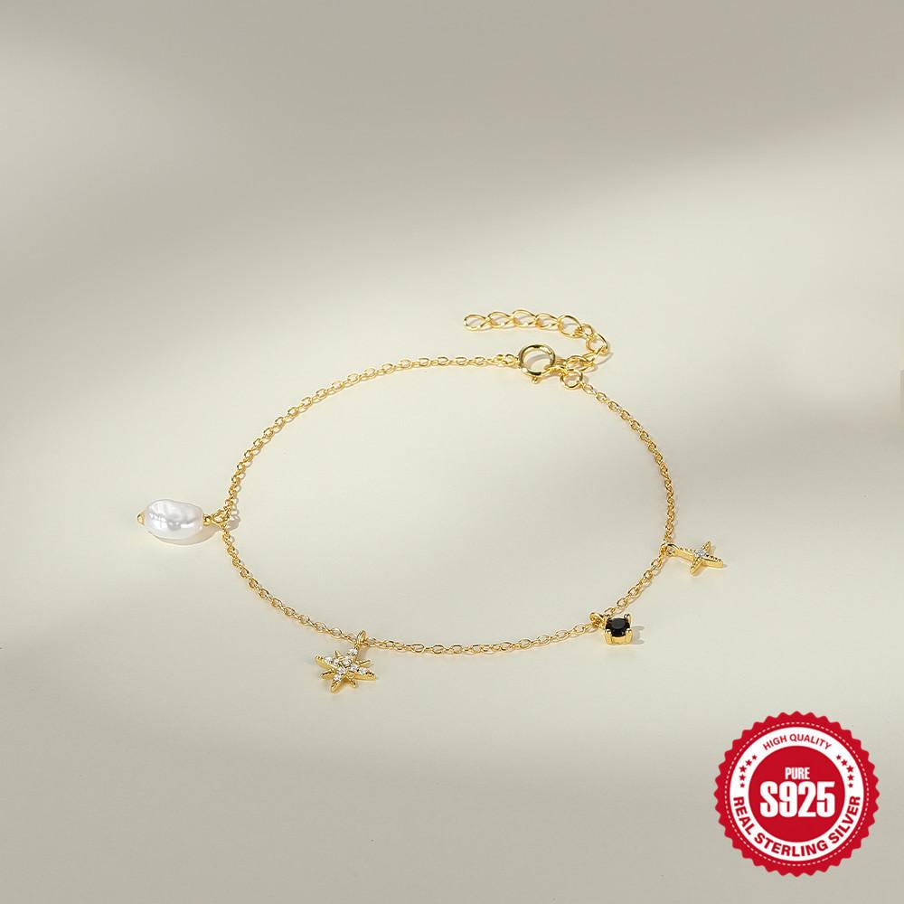 Модный наборный женский браслет из стерлингового серебра S925 с восьмиугольной звездой и бриллиантами особой формы и жемчугом