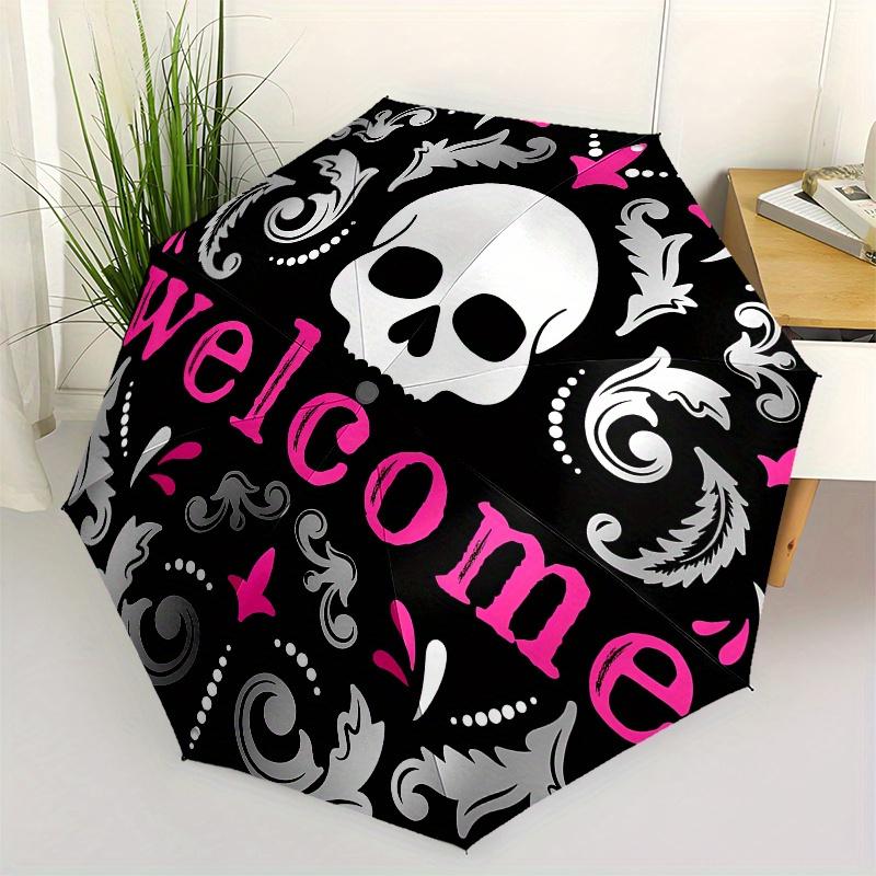 Skull Automatic Folding Umbrella 8 Ribs, Durable Iron Frame, Bright Color Pattern Compact Travel Umbrella, Suitable for Outdoor, Beach and