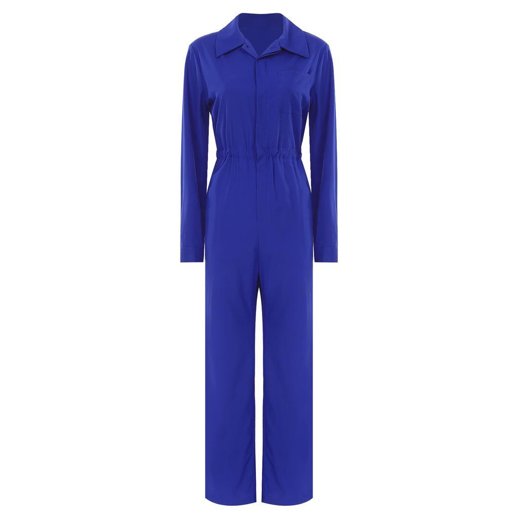 Womens Fashion Jumpsuit Button Front Design Casual Solid Color Turn Down Collar Long Sleeve Coverall