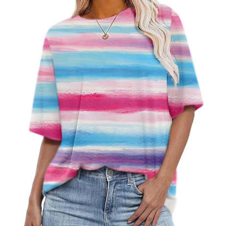 Женские повседневные свободные футболки с круглым вырезом и короткими рукавами в полоску с цифровой печатью для женщин
