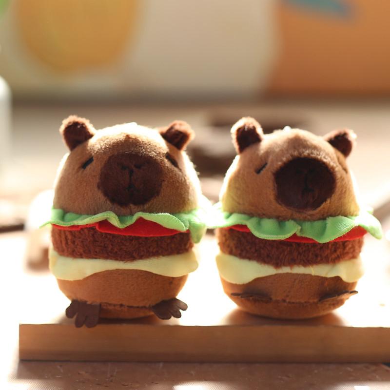Kawaii Plushie Cute Capybara Hamburger Keychain Plush Simulation Capibara Fluffty Toy Stuffed Animals Soft Doll Kids Gift