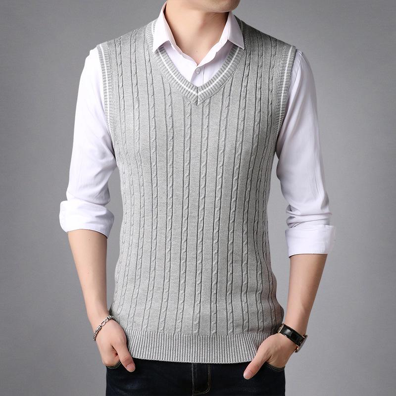 Осенний новый молодежный мужской свитер без рукавов с V-образным вырезом и цветочным узором, теплый вязаный топ