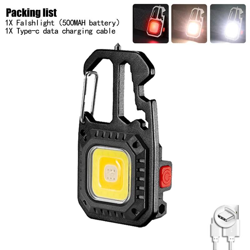 Mini Portable LED Keychain Flashlight Built-in 500mAh Battery Type-C Charging Outdoor Activity Camping Emergency Safety Hammer Work Lamp