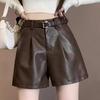 Women's PU Leather High-Waist A-Line Shorts - Black, Wide-Leg, Casual Loose Fit, Slimming, Autumn/Winter 2024 Collection