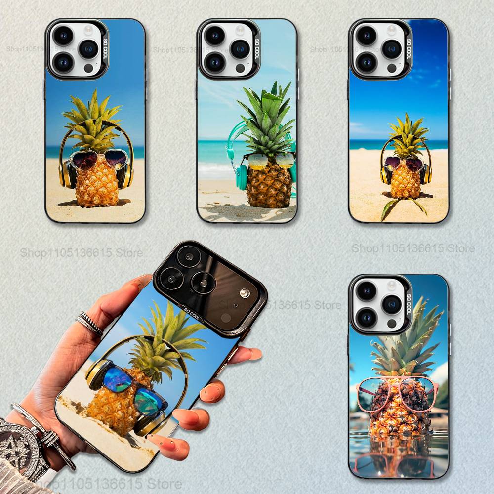 Cute Pineappl Art Fruit Case For iPhone 16,15,14,17,13,12,11,Mini,Pro,SE,XS,MAX,Black Matte Silicone Cover