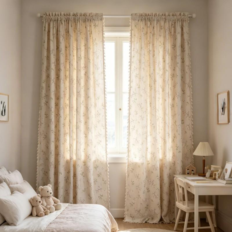 French Country Floral Curtains With Tassel Trim Cotton Linen Blend Semi-Sheer Window Treatment Kitchen Balcony Bedroom