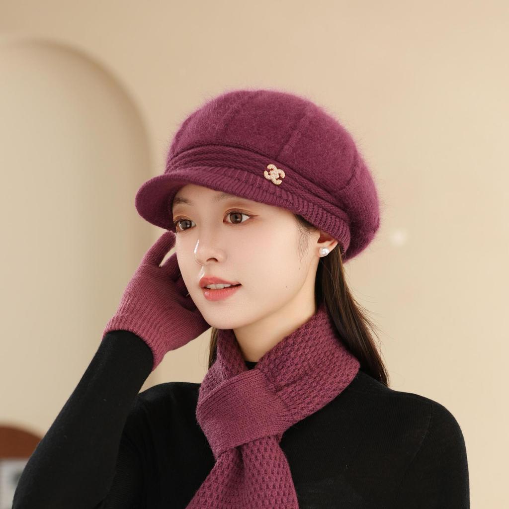 Плюс Бархатная Теплая Шапка-Ведро Вязаная Шапка-Рыбак Шарф Защищающий от Холода для Пожилой Бабушки Тренд Осенне-Зимней Шапки