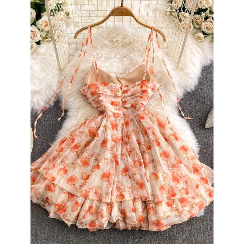 Sweet Chest Pad Orange Sling Dress Lace