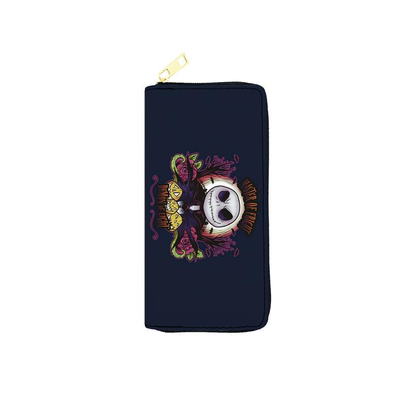 Nightmare Before Christmas PU Long Zip Wallet for Women Single Zipper Clutch Cosmetic Bag Jack Skellington Print Black 3pcs