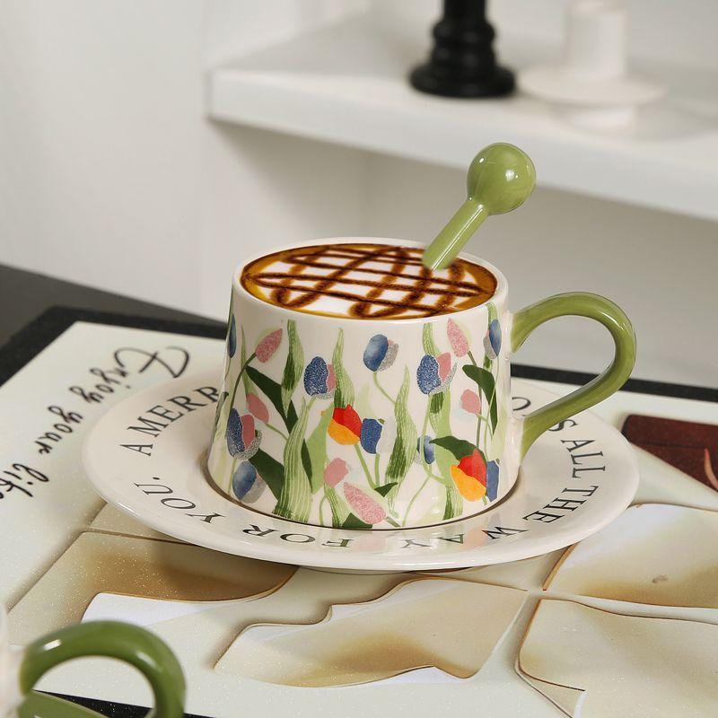 Original Hand Painted Lily of The Valley Flower Ceramic Coffee Cup Saucer Set Niche Latte Cup Afternoon Tea Exquisite Souvenir Gift