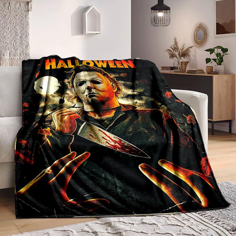 1Pc Halloween Horror Movie Poster Flannel Blanket, Soft And Comfortable, Casual Warm, Camping Travel, Christmas, Halloween Xmas Gift L1519