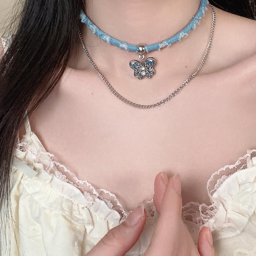 Denim Cross Pendant Choker for Women Exquisite Butterfly Star Heart Tassel Double Necklace Vintage Hiphop Punk Versatile Jewelry