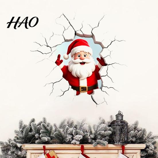 Easy to Apply Holiday Window Stickers 3D Santa Claus Wall Sticker, Realistic Breaking Decal for Christmas Decoration, Decor Living Room Waterproof PVC