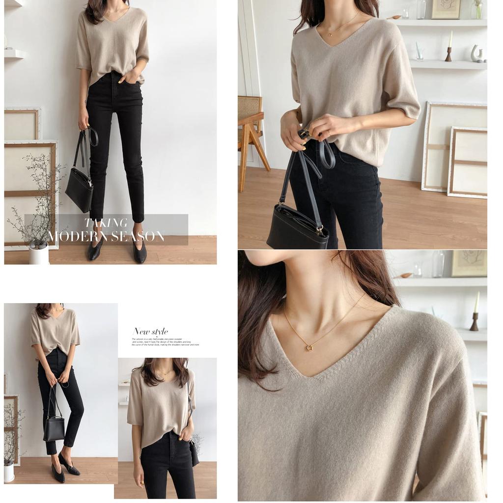 Летний трикотажный топ с коротким рукавом, свободного кроя и модный. Летняя красивая координация [ANCKDOCE] Женская футболка, V-образный вырез, прилегающая, сшитая, одежда, топы, (белый)