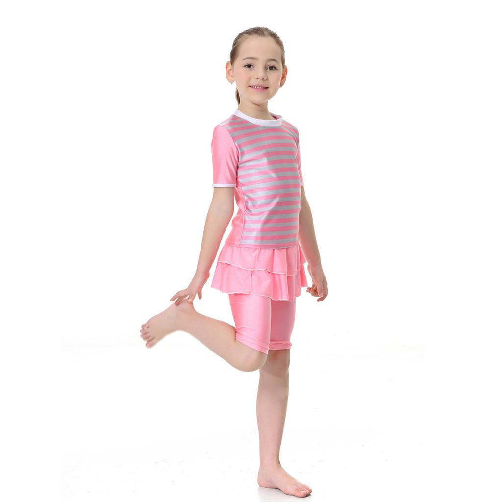 Girls Muslim Swimwears Split Two-piece Swimming Suit Short Sleeve Striped Kids Swimsuit