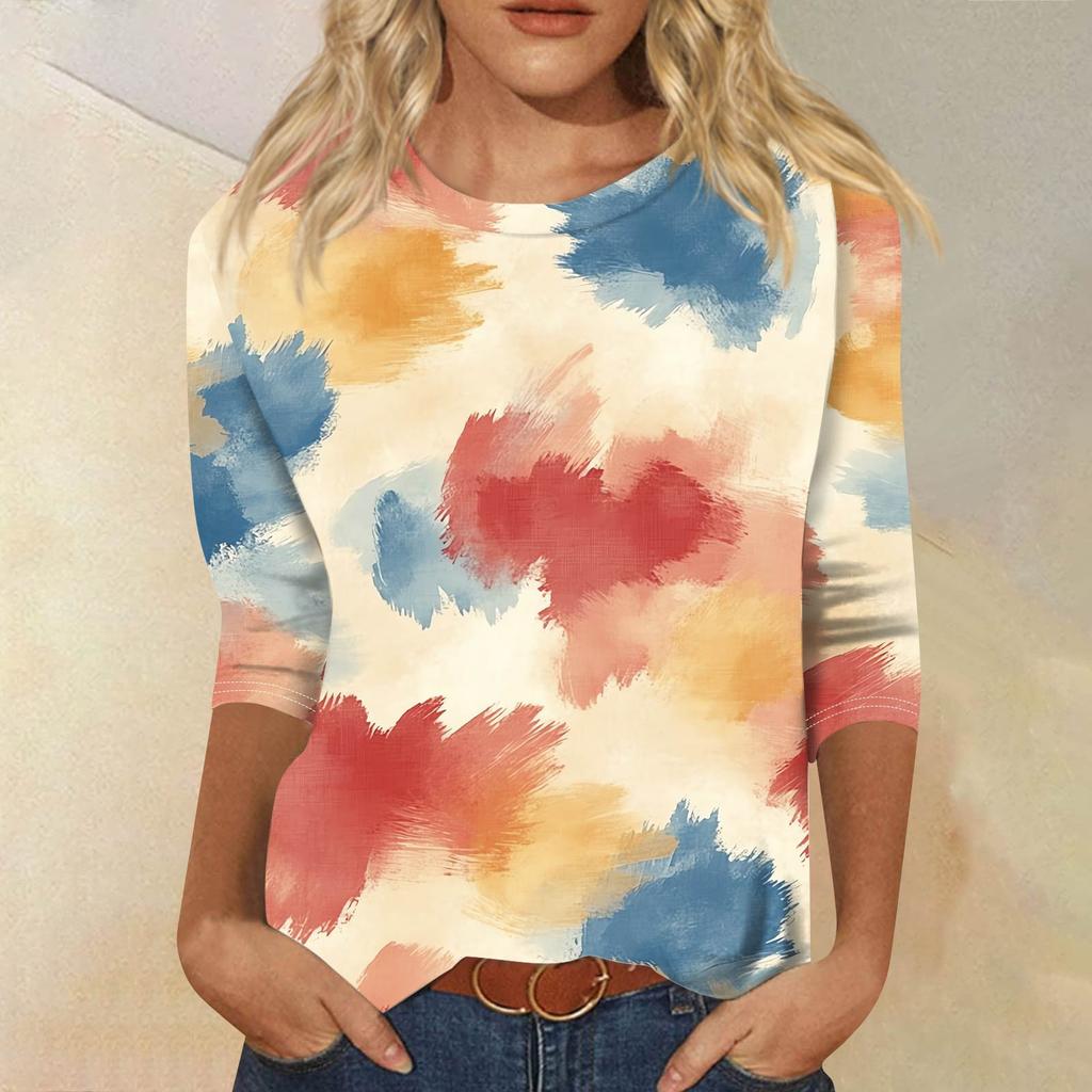 Women's Fashion Casual Seven Sleeve Printed Round Neck T-Shirt Top