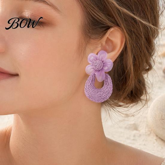 Raffia Braided Hoop Earrings 1 Pair Flower Drop for Women, Boho Summer Outfit Oval Statement Dangle Earrings, Bohemian Beach Vacation Jewelry