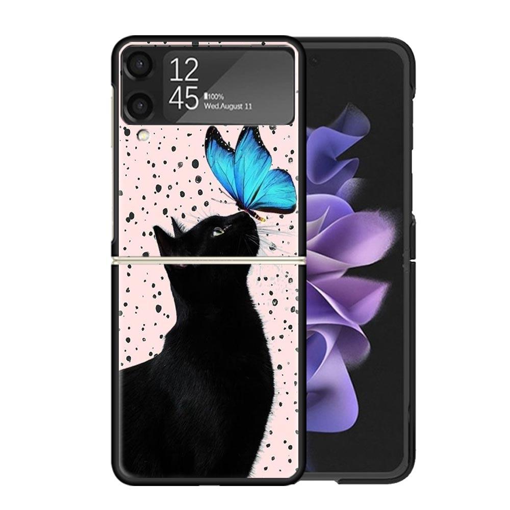 Black Cat Cartoon Cute Clear Phone Case For Samsung Z Flip 7 6 5 4 3 Galaxy ZFlip7 ZFlip6 ZFlip5 ZFlip4 ZFlip3 5G Print Cover PC