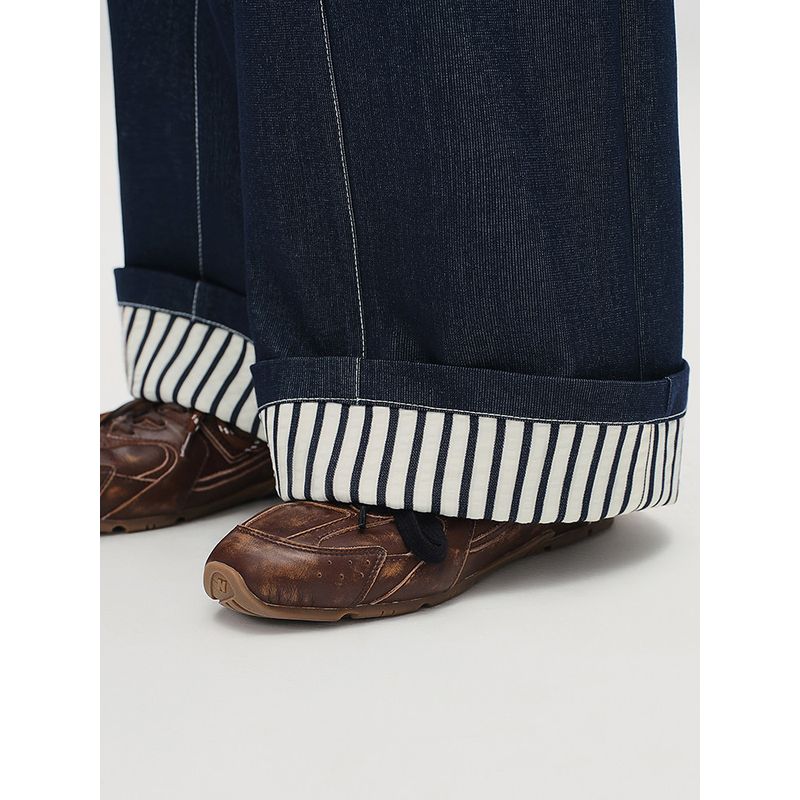 Plus-Size Women's Clothing [Cuffed Stripes] Retro Faux Denim Wide-Leg Pants 2026 Spring Loose Jeans