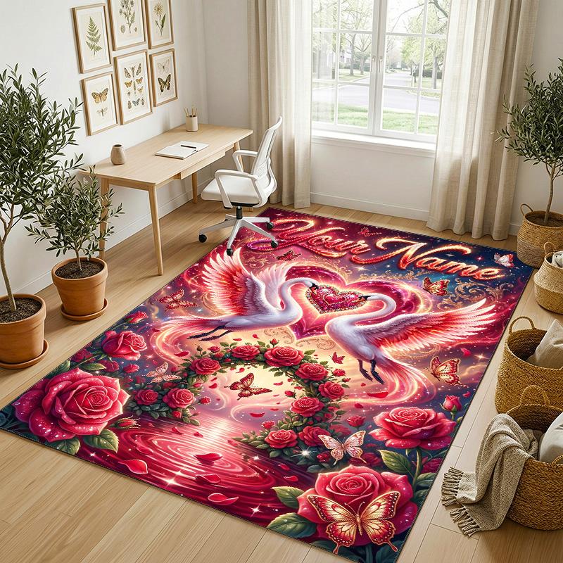 Floral Garden Theme Crystal Velvet Rug Personalized Custom Name Text Soft Floor Mat Home Decor