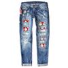 Womens Straight Fit Denim Jeans With Santa Appliqu Patch Distressed Ripped Detail