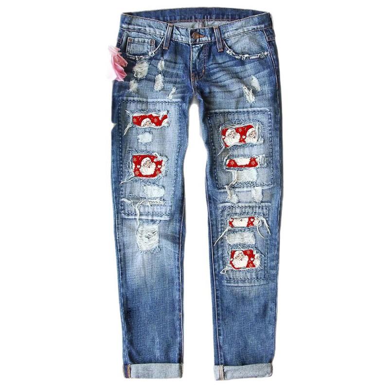 Womens Straight Fit Denim Jeans With Santa Appliqu Patch Distressed Ripped Detail