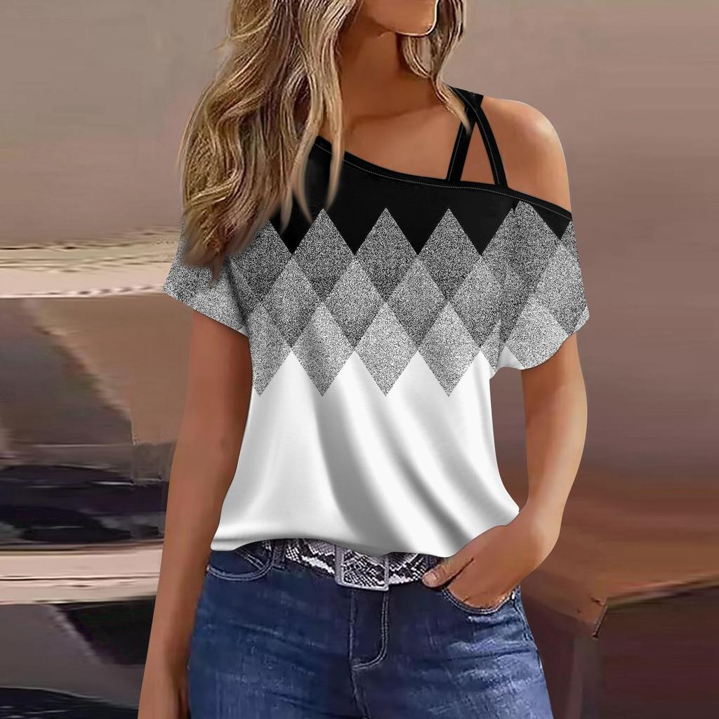Women's Fashion Casual Print Sexy Cold Shoulder Short Sleeve T-shirt Top