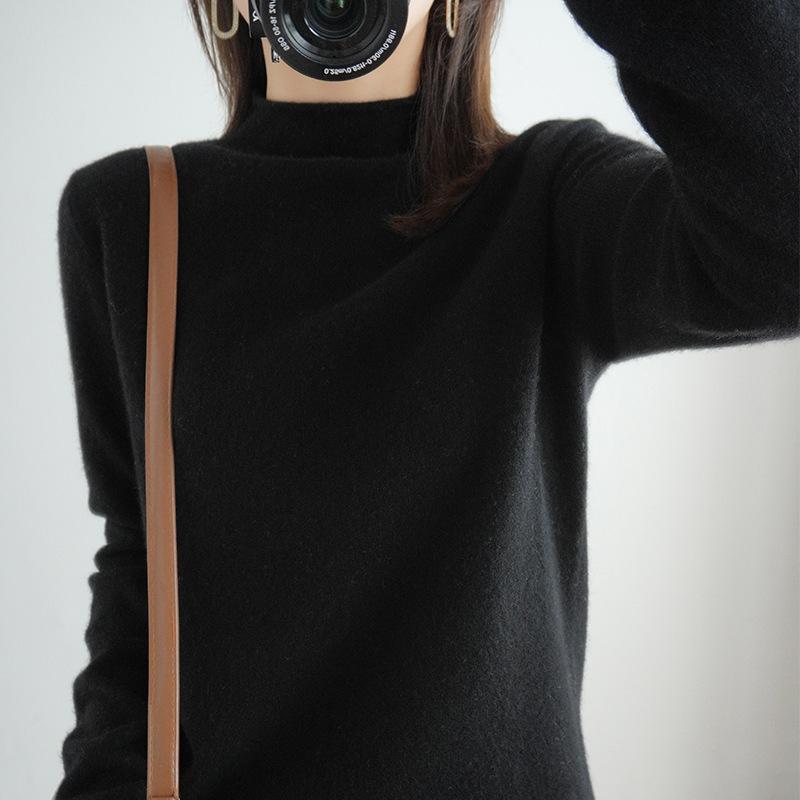 Осенне-зимний женский свитер из чистой шерсти, пуловер с полувысоким закругленным краем, свитер с длинными рукавами, тонкий трикотаж